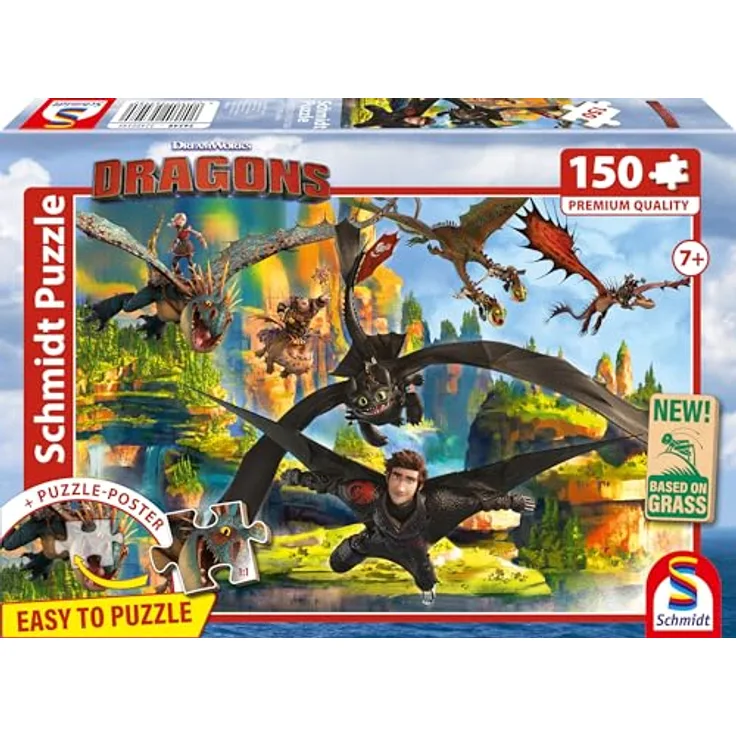 Schmidt Spiele 56548 Dragons, fliegendes Drachen Kinderpuzzle aus Graspappe, 150 Teile, inkl. Puzzleposter, für Kinder ab 7 Jahren