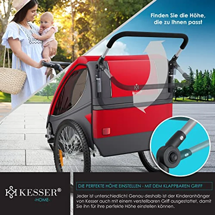 KESSER® Cruiser Kinderanhänger Fahrradanhänger 360° Drehbar mit Federung 2in1 Joggerfunktion Kinderfahrradanhänger + 5-Punkt Gurt Jogger Fahrrad Anhänger für 1 bis 2 Kinder max. 40kg Rot – Bild 9