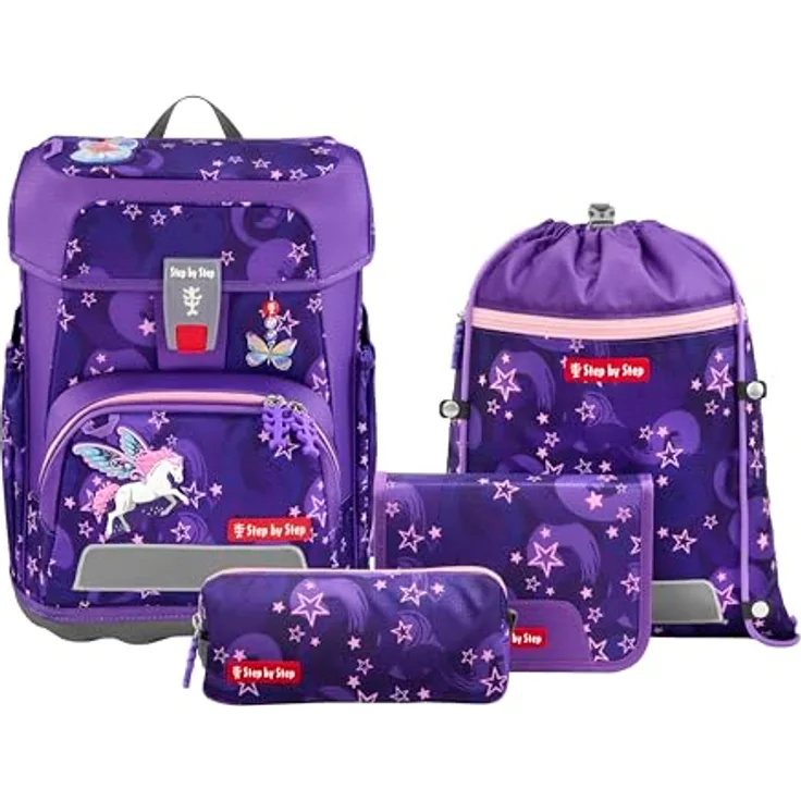 Step by Step Schulranzen-Set Cloud „Pegasus Liv“, 5-teiliges Set in lila mit ergonomischem Tornister, höhenverstellbar und Reflektoren, für Mädchen ab der 1. Klasse, 19L