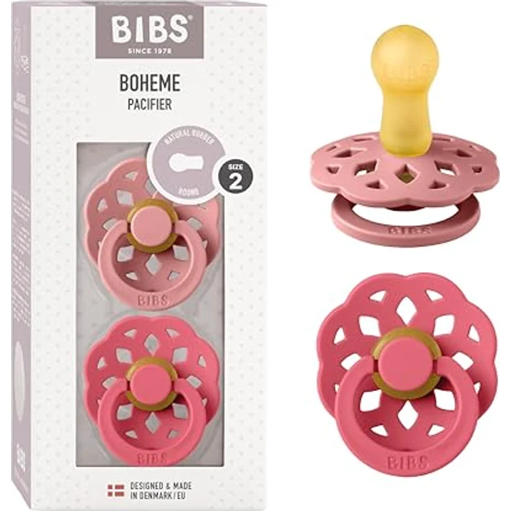 BIBS Boheme Schnuller 2er-Pack, BPA-frei, Kirschform Nippel aus Naturkautschuk/Latex, Größe 2 (6-18 Monate), Dusty Pink/Coral – Bild 1