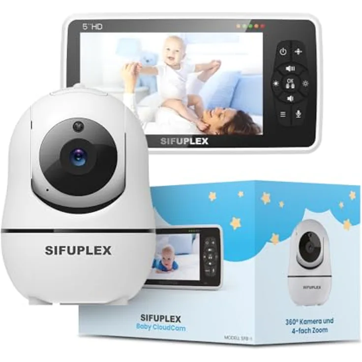 Sifuplex Babyphone mit Kamera, 720p HD, 360° Schwenk, 4-fach Zoom, Nachtsicht, Temperatur und Schlaflieder, innen
