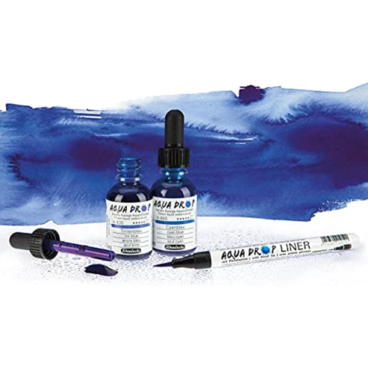 Schmincke AQUA DROP Set, flüssige Aquarellfarbe, 5 x 30 ml lasierende Farbtöne + Liner mit Pinselspitze, inkl. Bernstein, Krapprot, Tintenblau, Jadegrün, Sepia – Bild 3