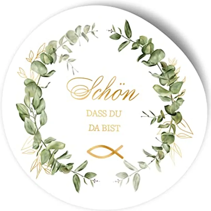 itenga 100x Sticker Aufkleber Schön dass du da bist Eukalyptus und FISCH je 4cm I rund, selbstklebend I ideal zum Basteln von Gastgeschenken für Konfirmation Kommunion Taufe