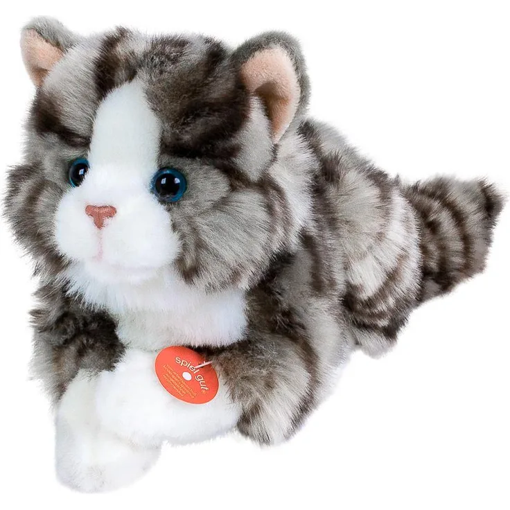 Teddys Rothenburg Katze liegend grau getigert, Kuscheltier aus kuschelweichem Plüsch, 28 cm lang (mit Schwanz)