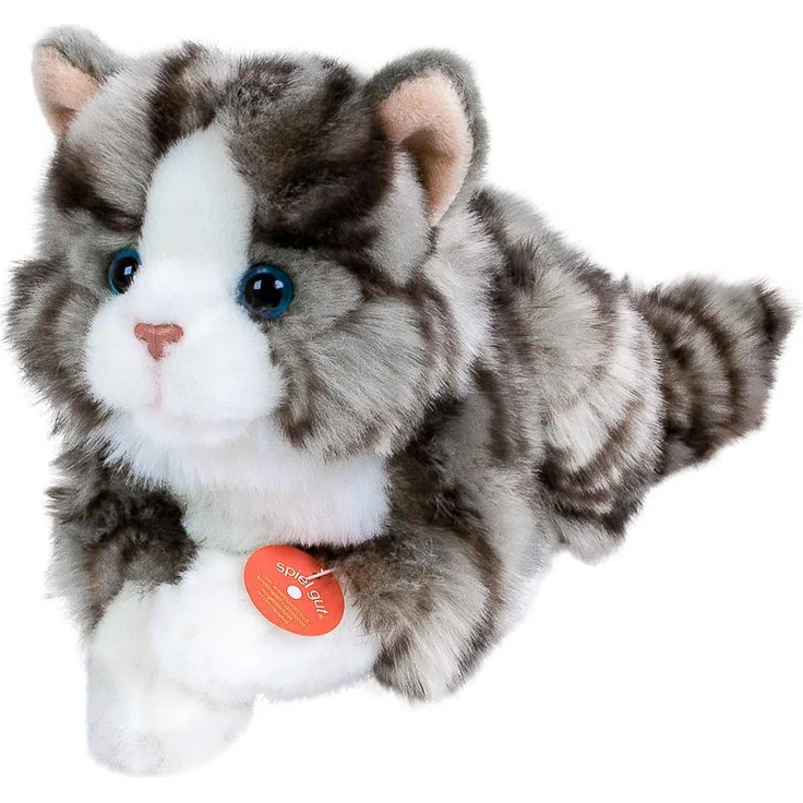 Teddys Rothenburg Katze liegend grau getigert, Kuscheltier aus kuschelweichem Plüsch, 28 cm lang (mit Schwanz)