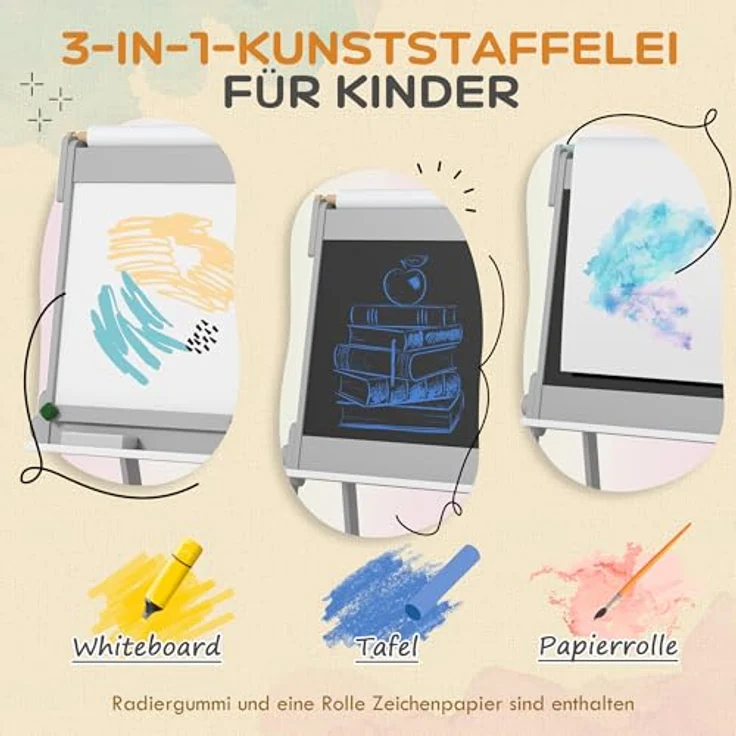 AIYAPLAY 3-in-1 Tafel, doppelseitige Kinder Staffelei mit Aufbewahrungsboxen, grau, für Kinder 3-8 Jahre – Bild 3
