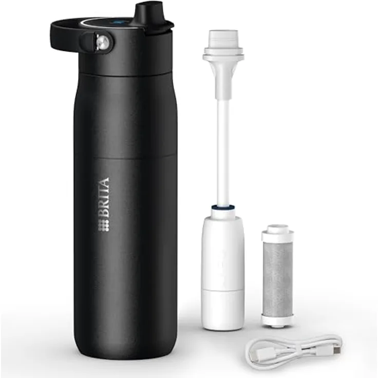 BRITA LARQ iQ Digitale Filter Trinkflasche schwarz (680 ml) mit Hydration Tracking, Aktivkohle Wasserfilter & UV-C-Technologie – neutralisiert 99,99% Bakterien, spülmaschinengeeignet, isoliert bis zu 24h kalt