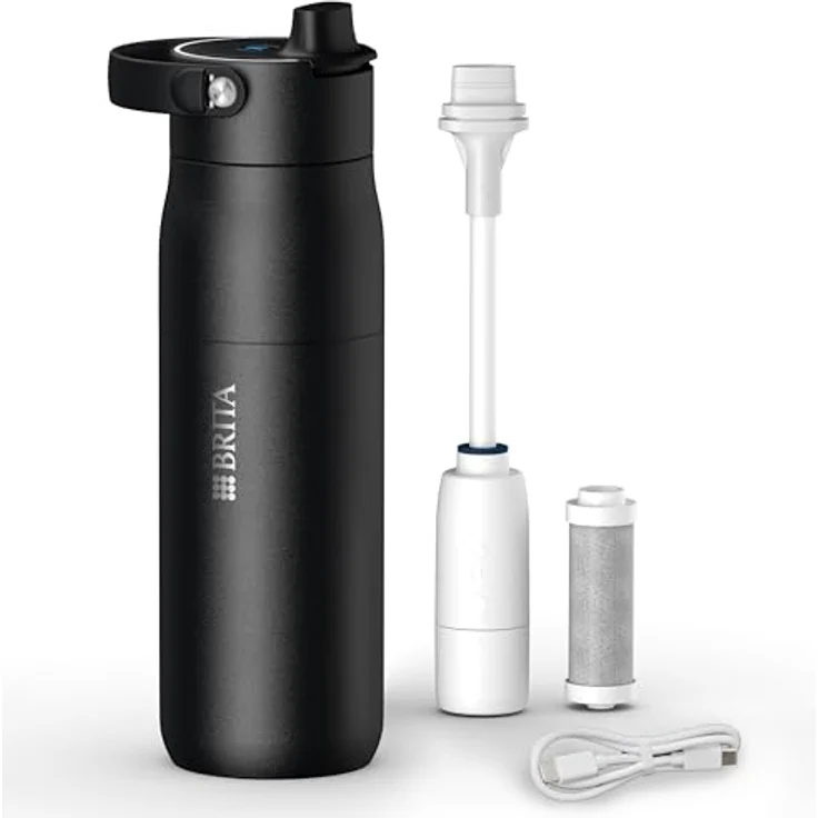 BRITA LARQ iQ Digitale Filter Trinkflasche schwarz (680 ml) mit Hydration Tracking, Aktivkohle Wasserfilter & UV-C-Technologie – neutralisiert 99,99% Bakterien, spülmaschinengeeignet, isoliert bis zu 24h kalt – Bild 1