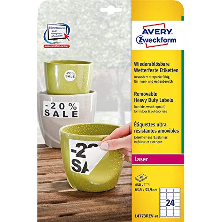 AVERY Zweckform L4773REV-20, wetterfeste Folienetiketten, weiß, 480 Stück, 63,5 x 33,9 mm, selbstklebend, wasserabweisend, ablösbar – Bild 11