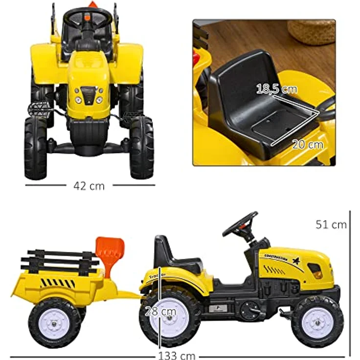 HOMCOM Trettraktor Tretauto Traktor mit AnhГ¤nger Kindertrettraktor Metall Gelb, L133 x B42 x H51cm, für Kinder ab 3 Jahren, mit 6 Rädern für optimale Standfestigkeit - Preisvergleich – Bild 5