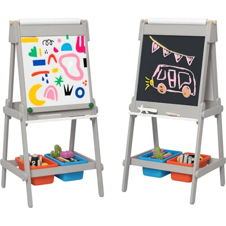 AIYAPLAY 3-in-1 Tafel, doppelseitige Kinder Staffelei mit Aufbewahrungsboxen, grau, für Kinder 3-8 Jahre – Bild 1