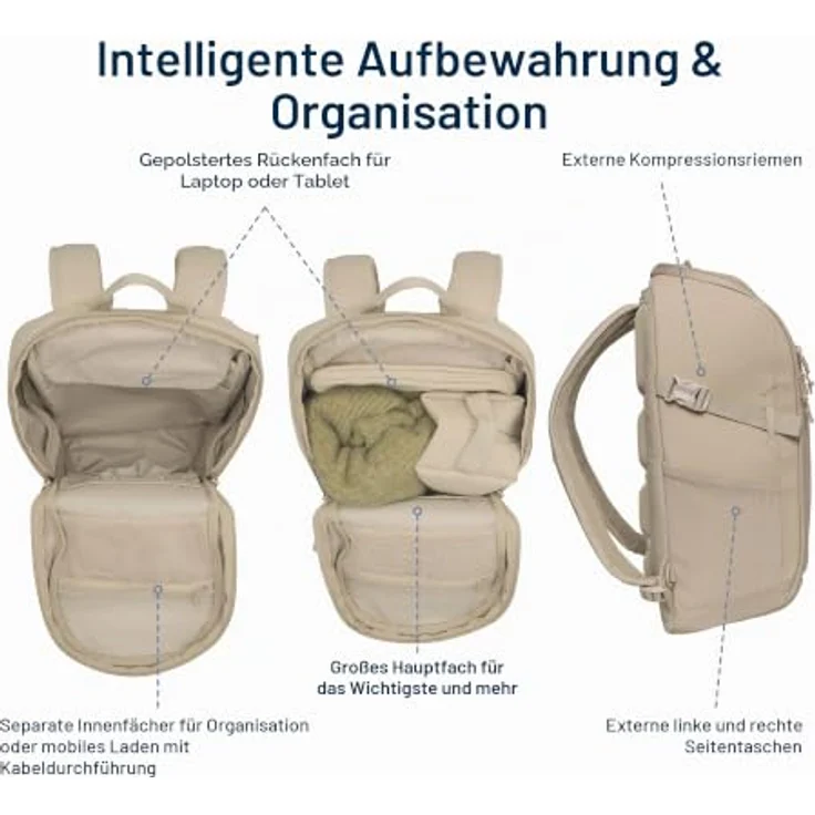 Beckmann Norway Street Go Schulrucksack, Beige 26L mit Laptopfach, Reißverschluss – Bild 5