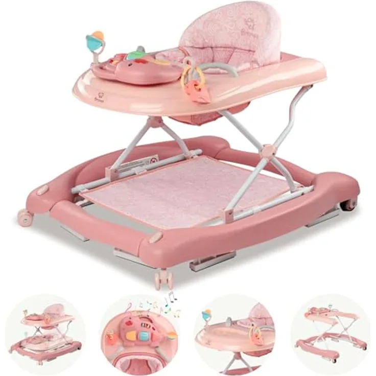 Bronea 5-in-1 Babywalker Gehfrei | Lauflernhilfe mit Schaukelfunktion, Musik & Licht | Höhenverstellbar | Klappbar | Rosa