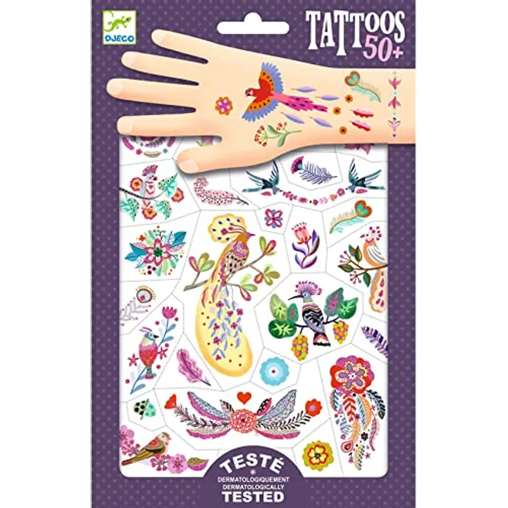 Djeco Tattoos Feder Color, Kreativ-Set mit 50+ bunten Tattoos ab 3 Jahren