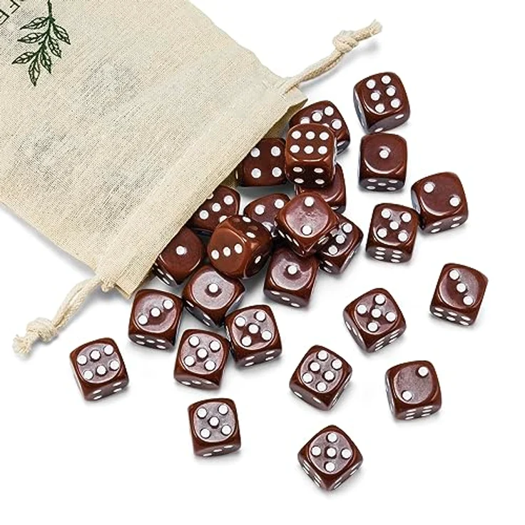 Waldfelsen 30 Stück Acrylwürfel 16 mm, 6-seitige Spielwürfel in Braun mit Baumwollstoffbeutel, hochqualitative Augenwürfel für Knobelspiele – Bild 2