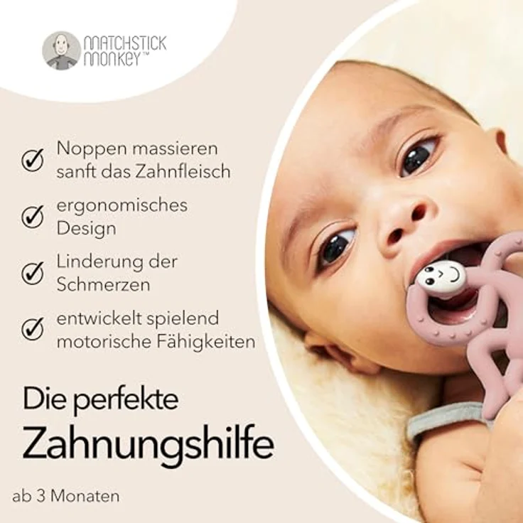 Matchstick Monkey Silikon Mini-Beißring & Gel-Applikator, ergonomisch, BPA-frei, zahnfreundlich, altrosa, 10 cm – Bild 3