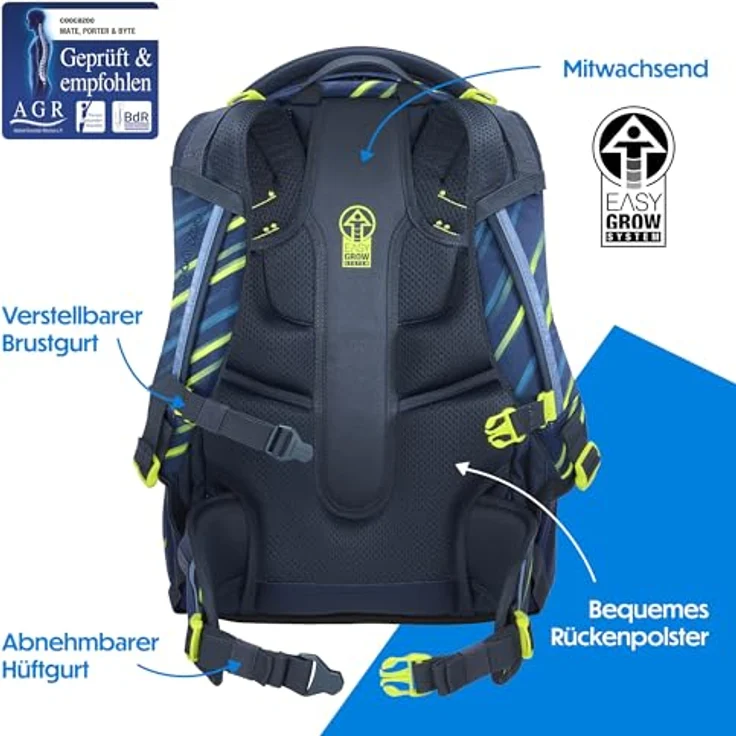 Coocazoo Porter Schulrucksack „Fast Lime”, ergonomischer & anpassbarer Tornister, schwarz-blau, höhen- & größenverstellbar mit Brustgurt & Hüftgurt, ab der 3. Klasse, 5 Fächer, reflektierend, nachhaltig aus 100% PFC-freiem Material – Bild 4