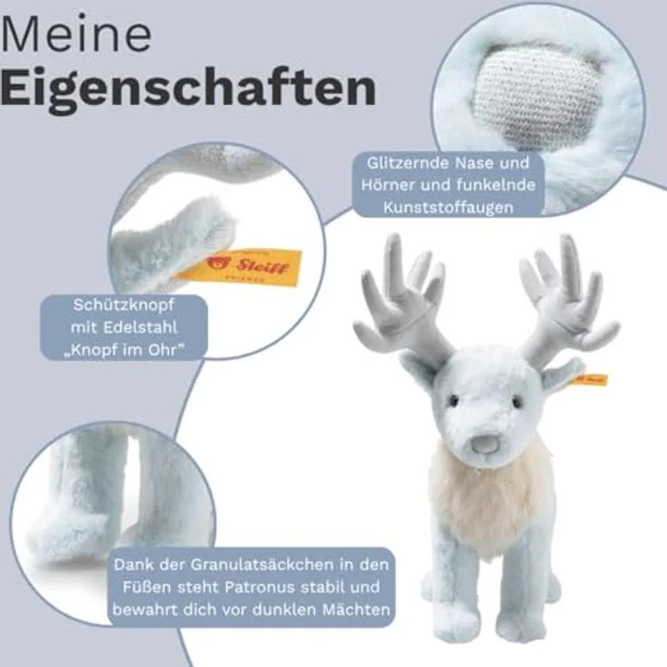 Steiff Hirsch Patronus 25 cm, kuschelweiches Plüschtier in eisblau mit Edelstahl-Knopf im Ohr – Bild 3