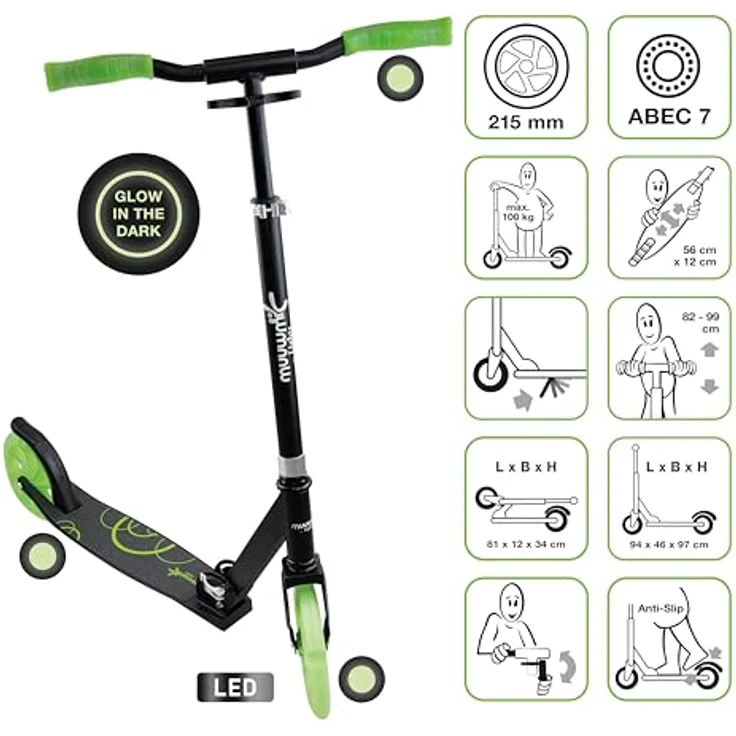 Muuwmi Lights Aluminium Scooter GLOW 215 mm, mit Leuchtrollen, ABEC 7-Kugellagern und klappbarem Lenker, maximal 100 kg belastbar – Bild 4