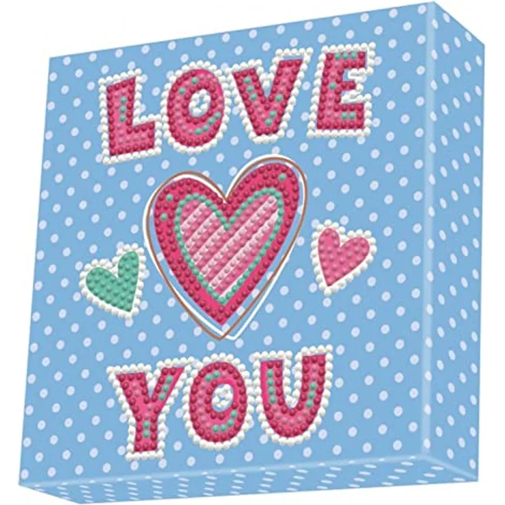 DIAMOND DOTZ DBX.001 - Original 5D Diamond Painting Set Dotz Box LOVE YOU Herz, Kreativset mit 870 Diamant Mosaiksteinen, Malset ca. 15 x 15 cm, DIY Komplettset für Kinder ab 8 Jahren, Blau