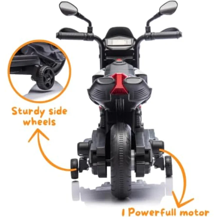 Vrooomy Kindermotorrad Aprilia Dorsoduro 900, 6V mit Scheinwerfer und abnehmbaren Stützrädern, rot, für 1-3 Jahre – Bild 4