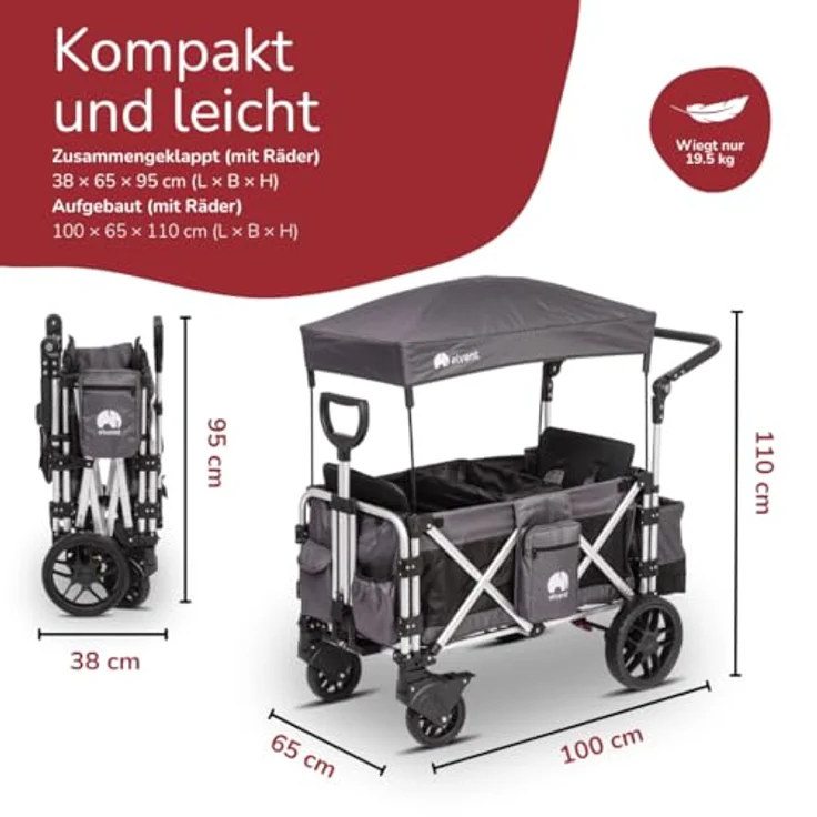 elvent FamilyStar 2 Kinderwagen 2-Sitzer – leicht, faltbar, bis 80 kg, Sonnendach, Sitzpolster, 5-Punkte-Gurt, Fußbremse – Bild 3