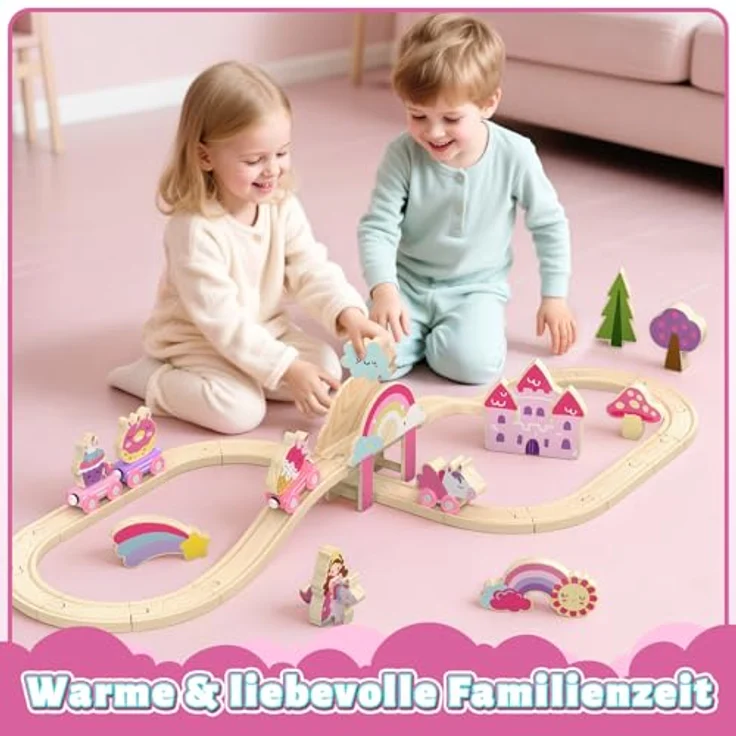 Lehoo Castle Holzeisenbahn, 38-teiliges Einhorn-Set für Mädchen, rosa, kompatibel mit Holzschienen, ideales Geschenk ab 3 Jahren – Bild 5