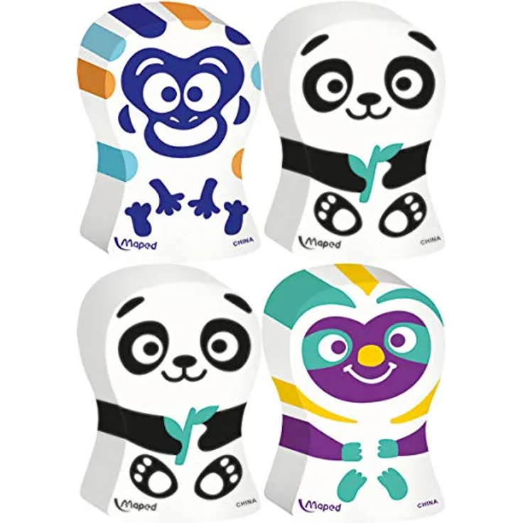 Maped - ergonomischer, niedlicher Form-Radierer ERGO FUN MULTI - x2 Radierer - Panda & Affe oder Pinguin & Faultier, farbig sortiert