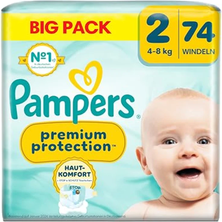 Pampers Premium Protection Windeln Gr.2 Mini (4-8 kg), Big Pack, 74 St., hautfreundlich und atmungsaktiv – Bild 1