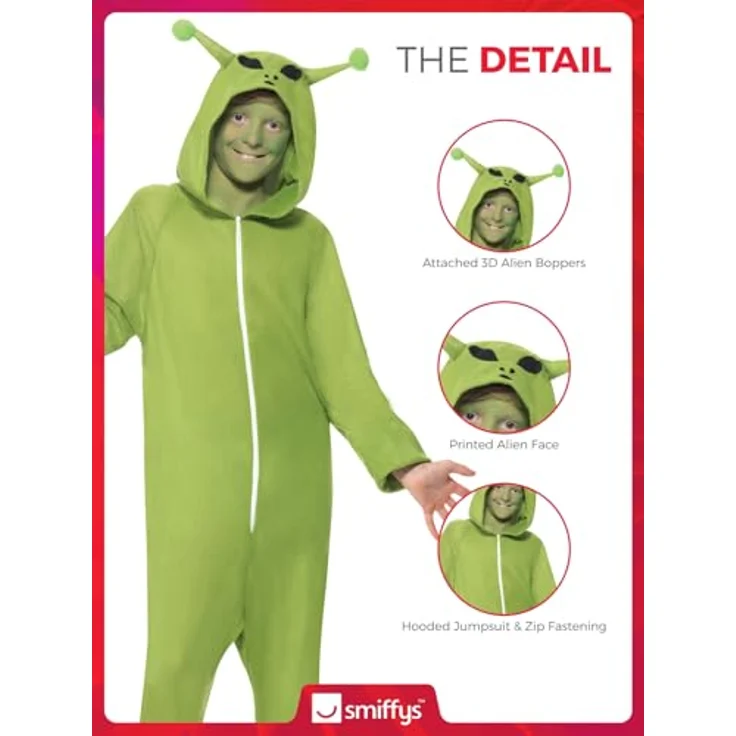 Smiffys Kostüm Alien, Grün, mit Ganzkörperanzug und Kapuze – Bild 5