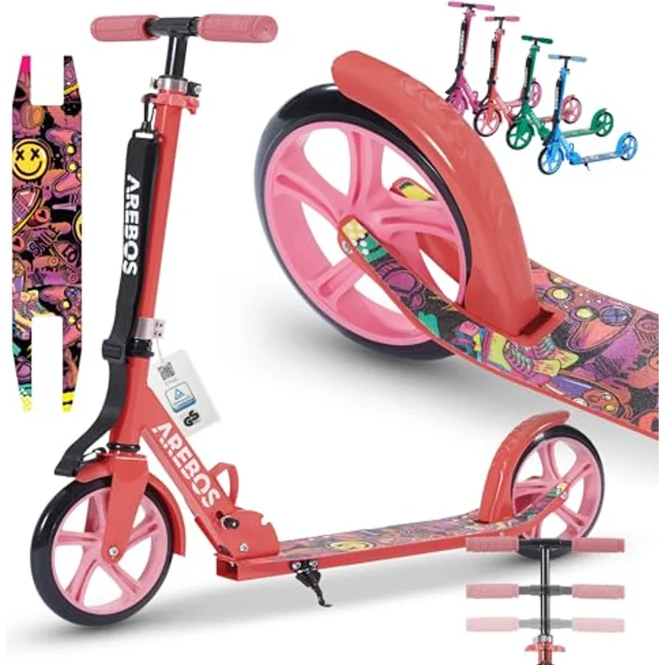 Arebos Tretroller klappbar, höhenverstellbar 78–93 cm, bis 100 kg, für Kinder ab 6 Jahren, rot – Bild 1