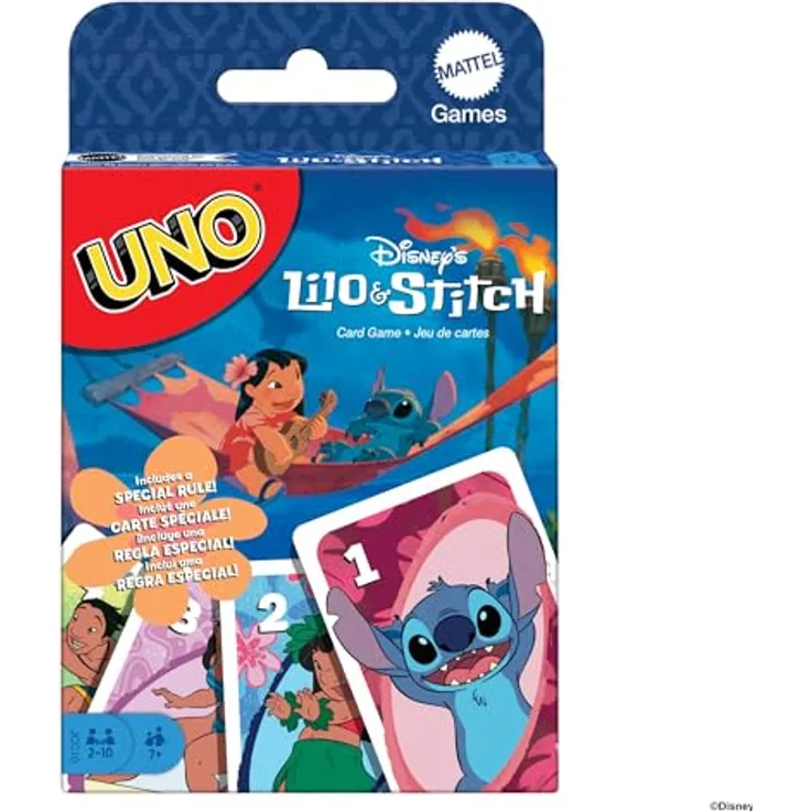 UNO Lilo & Stitch, Kartenspiel mit Disney-Charakteren und 'Ohana'-Regel, für 2-10 Spieler, ab 7 Jahren