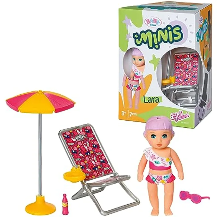 BABY born Minis, Minipuppe mit Liegestuhl, Spielset Sonnenstuhl, 7 cm große Puppe Lara mit Liegestuhl, Sonnenschirm und Flasche, 906132, Zapf Creation