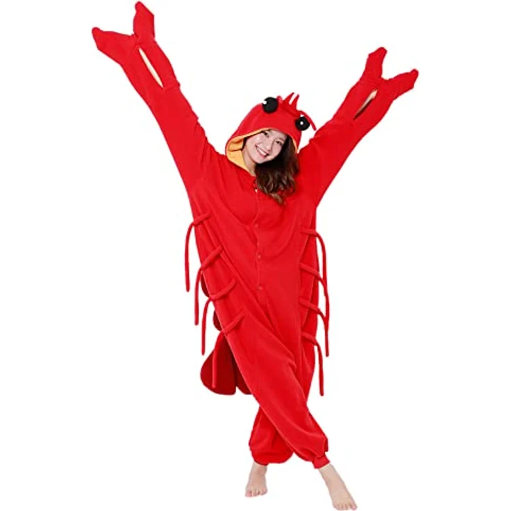 SAZAC Hummer Onesie Kigurumi Einteiler Kostüm Jumpsuit | für Kinder und Erwachsene | One Size Fits All (155 – 180 cm) | Polyester-Fleece-Stoff | mit warmer Kapuze - Rot – Bild 5