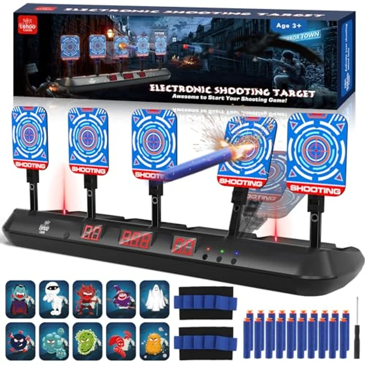 Lehoo Castle Nerf Zielscheibe, 5 Ziele Nerf Zielscheibe Elektrisch mit Licht und Sounds, Auto-Reset Elektro-Schießscheiben mit Foam Darts Pfeile, Geschenk für Jungen – Bild 2