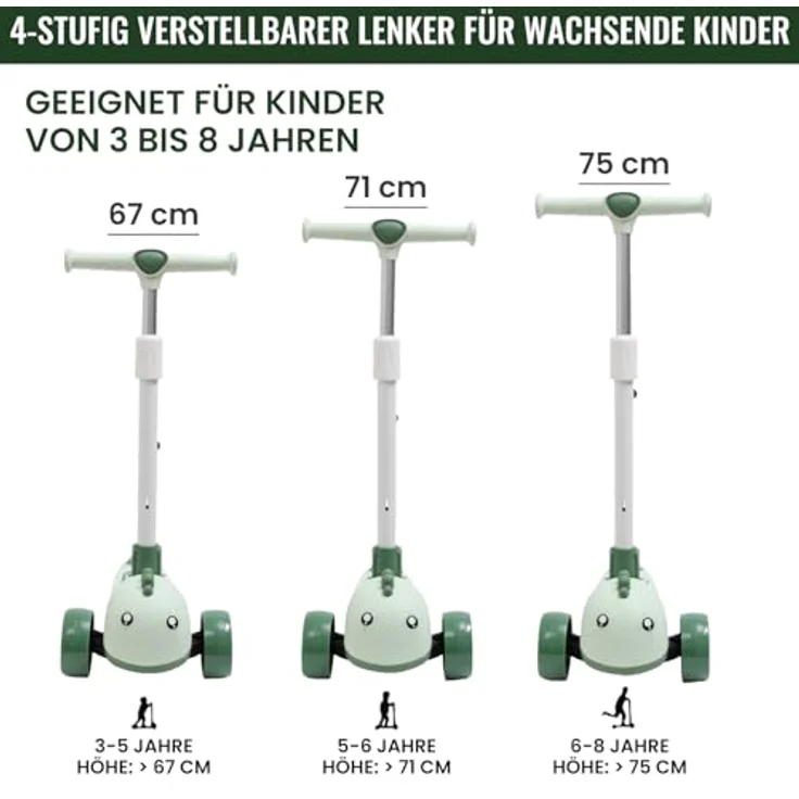 Habib Gruppe Kinderroller Tretroller 3-Rad LED Roller, Höhenverstellbar & Faltbar, Tierdesign, Grün, für Mädchen & Jungen (3-8 Jahre) – Bild 4