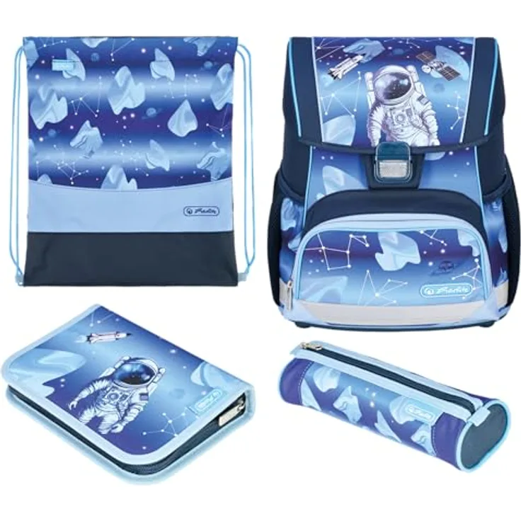 Herlitz Schulranzen Set Loop Plus Cosmic Explorer, 10-teiliges Set für Jungen, blau, ergonomisch und wasserabweisend, geeignet für Grundschule Klasse 1-4