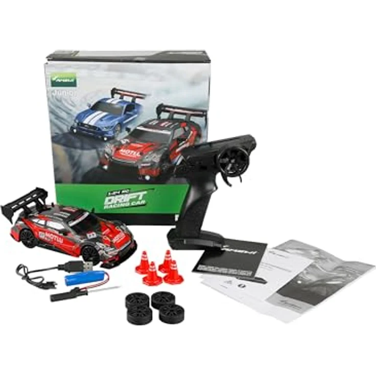 Amewi Drift Racing Car, RC ferngesteuert, mit Underbodenbeleuchtung, 20km/h 4WD 1:24 RTR rot/schwarz – Bild 2