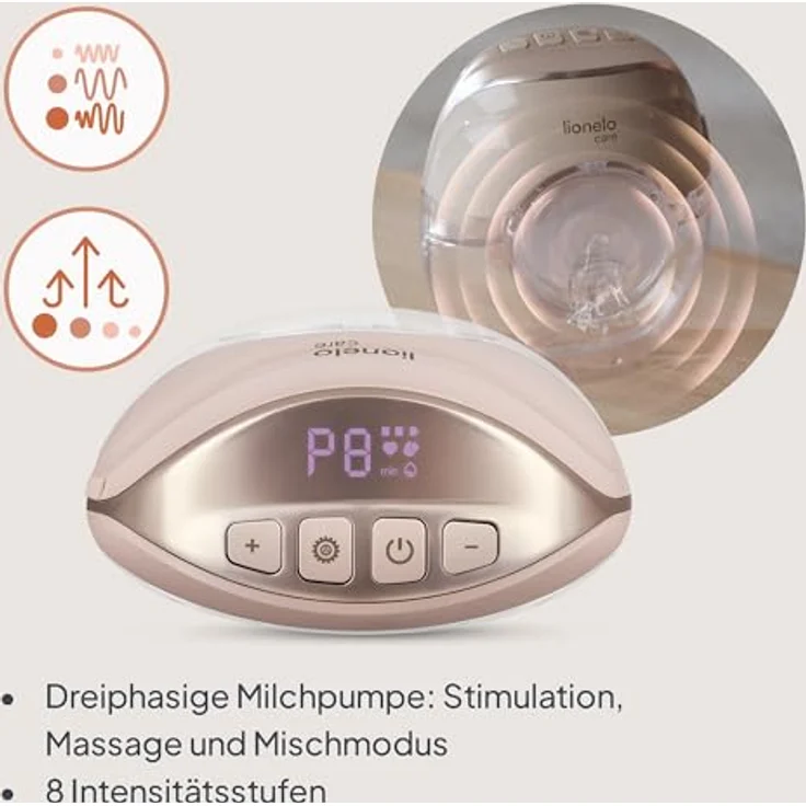 Lionelo Fidi Free Slim, Tragbare Elektrische Milchpumpe Kabellos, Leise bis 40 dB, 3 Modi mit 8 Stufen, 150 ml Tritan-Behälter, 4 Silikonaufsätze, USB-C, Akkulaufzeit >3 h – Bild 2