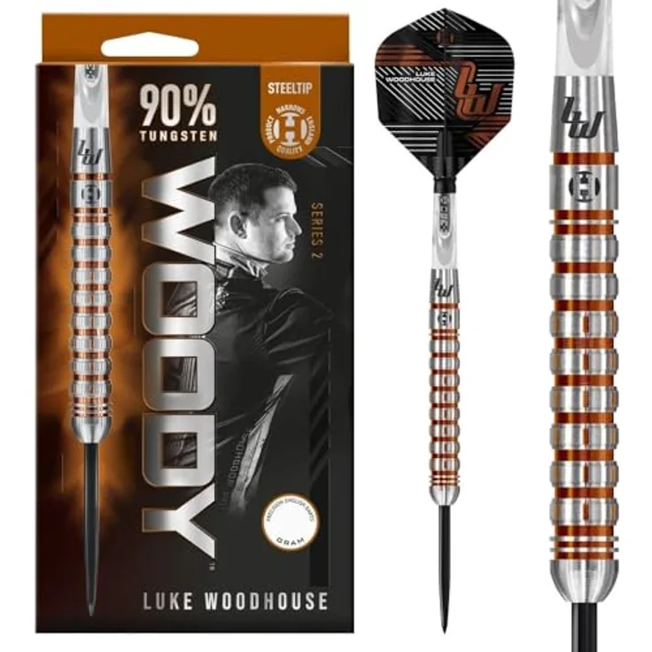 Harrows Luke Woodhouse G2, Dartpfeile 23 g aus 90% Wolfram mit Predator-Ringgriff und Kupfer-Titannitrid-Beschichtung, schwarz