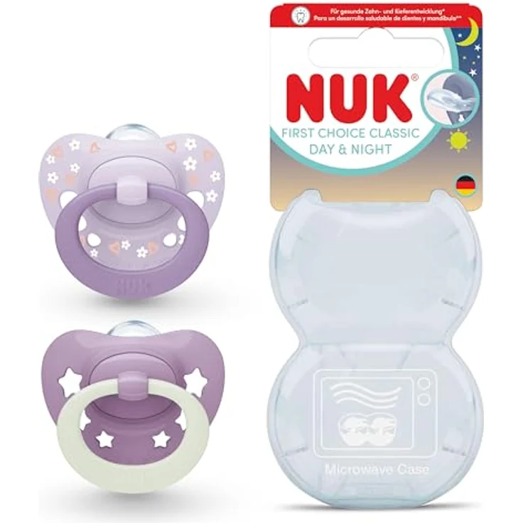 NUK First Choice Classic Day & Night Baby Schnuller, orthodontisch, leuchtend im Dunkeln, 0-6 Monate, lila, 2 Stück – Bild 1