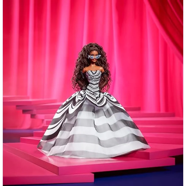 Barbie 65. Anniversary HRM59, Anziehpuppe im schwarz-weiß gestreiften Ballkleid mit saphirblauen Akzenten, inkl. Puppenständer und Echtheitszertifikat – Bild 2