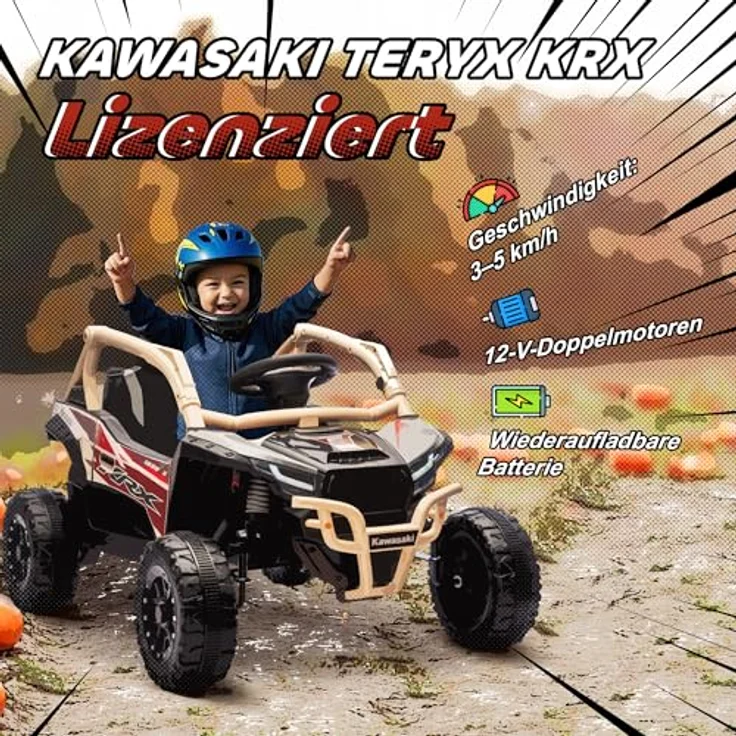 AIYAPLAY Kawasaki TERYX KRX 1000 Kinder Elektroauto UTV, 12V mit 2 Motoren, 2,4 GHz Fernbedienung, Federungssystem, LED-Leuchten, Musik und Hupe, Gelb, für 3-8 Jahre – Bild 3