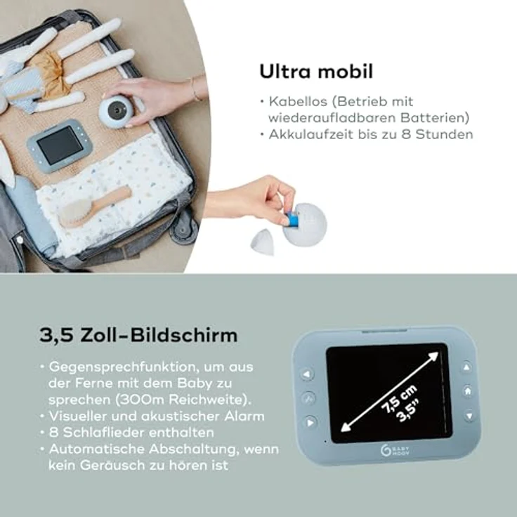 Babymoov Babyphone Yoo-Roll mit Kamera, 300 m Reichweite, wiederaufladbarer Akku, Nachtsicht, 8 Schlaflieder – Bild 4