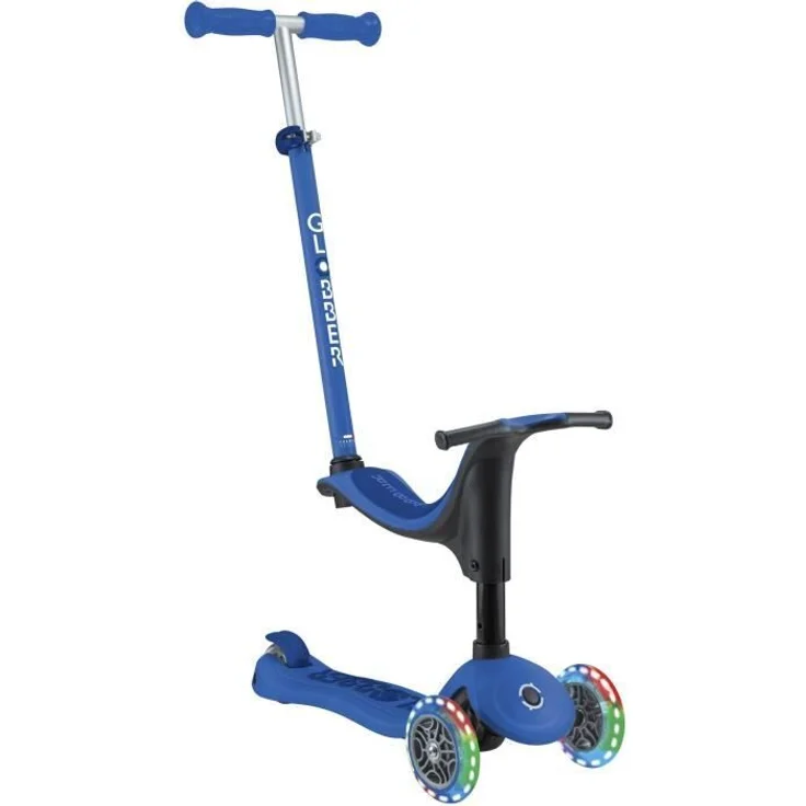 GLOBBER GO-UP SPORTY LIGHTS, Skalierbarer 3-Rad-Roller mit leuchtenden LED-Rollen, blau, für Kinder ab 15 Monaten, 3 in 1: Rutscher, Laufrad, Scooter