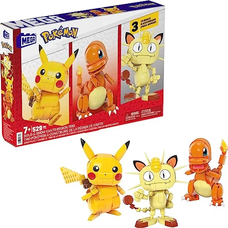 Mega Mattel HPF94 Pokémon - Bausatz, Kanton Region Trio - Pikachu, Glumanda, Mauzi - 529-teilig, Pikachu, Glumanda, Mauzi, 10,2 cm groß, bewegliche Gliedmaßen, offizielles Lizenzprodukt