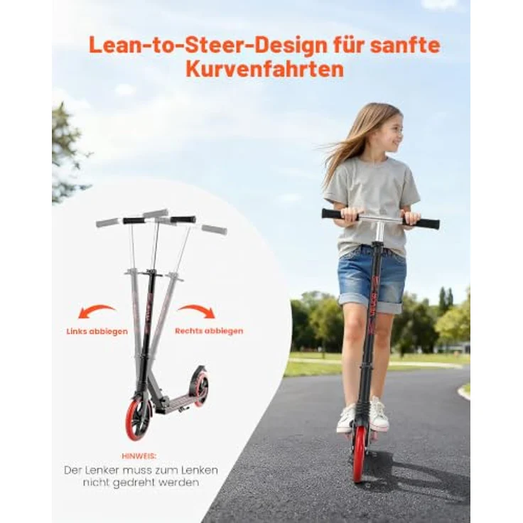 VEVOR Scooter für Kinder ab 8 Jahren, faltbarer Cityroller mit höhenverstellbarem Lenker, rutschfestem Deck und leichten Aluminiumrahmen, bis 100 kg, Schwarz + Rot – Bild 4