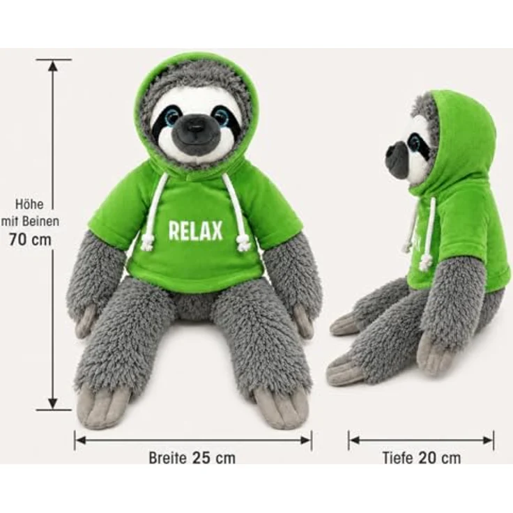 Soma Faultier Kuscheltier mit Hoodie, Plüschtier in Grün, 70 cm, weiches Stofftier für Kinder – Bild 2