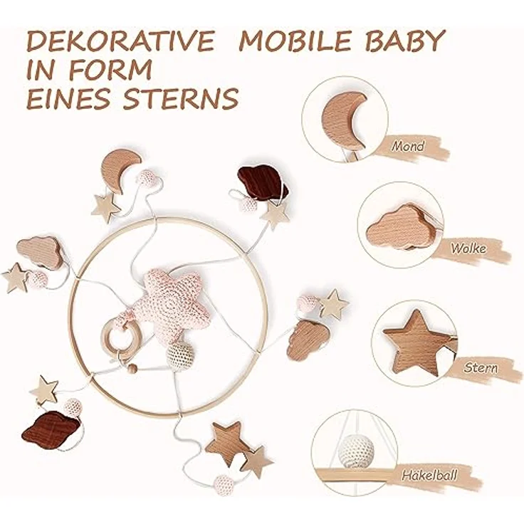 SWECOMZE Mobile Babybett, Baby Spielzeug mit Häkeln Stern, Mond und Wolken, Rosa, aus natürlichen Materialien, für beruhigende Schlafatmosphäre – Bild 3