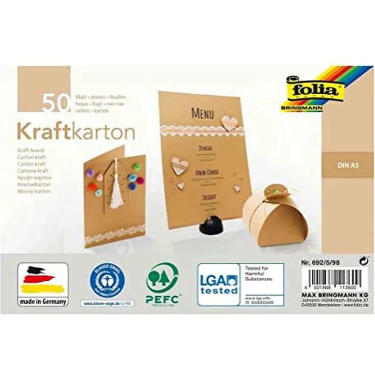 folia 692/5/98 - Kraftkarton natur, 230 g/m², DIN A5, 50 Blatt, zum individuellen Basteln und Gestalten von Grußkarten, Einladungen, Tischkarten, uvm.